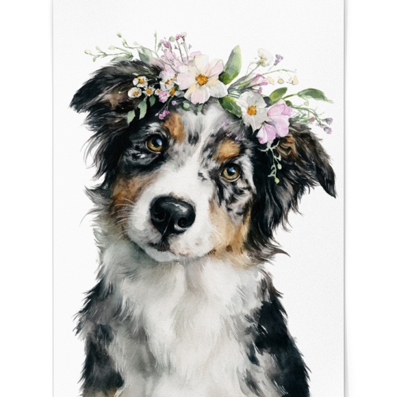 Watercolor Australian Shepherd Dog Portrait Wall Art Print, Unframed - Picture 2 of 7